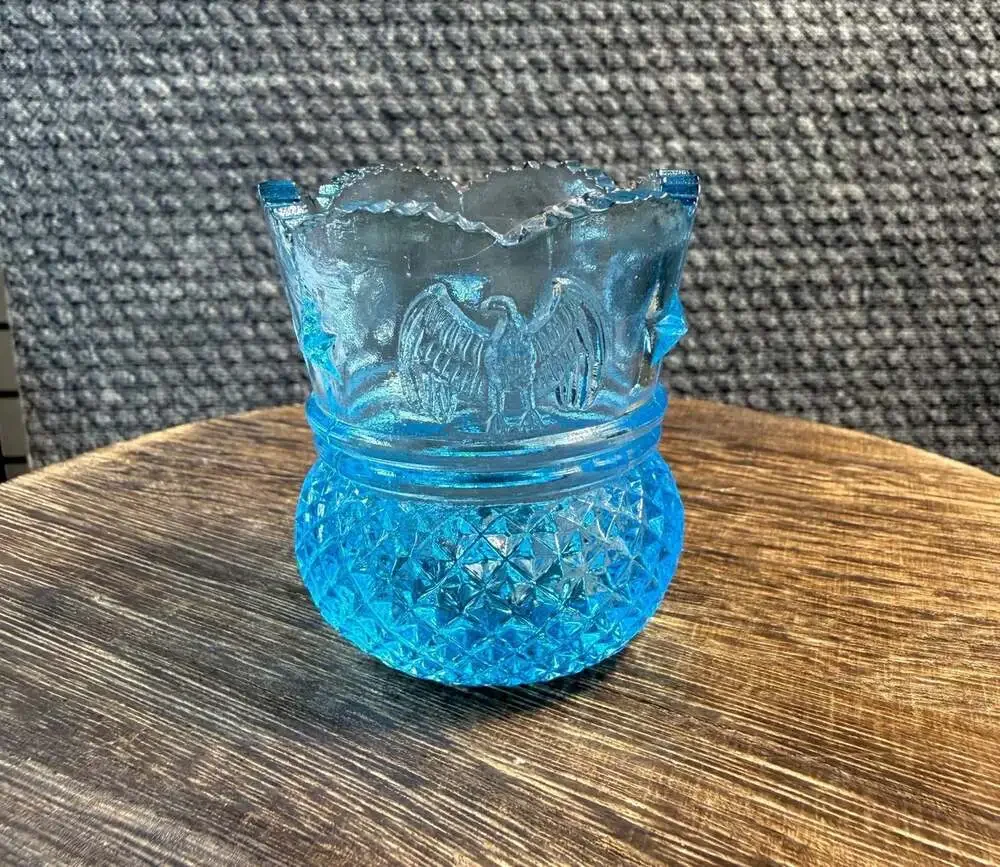 Albert Botson Blue Glass Toothpick Holder Eagles and Stars Pattern GLOWS